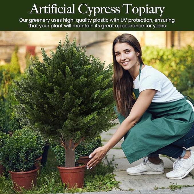 15.7 inch Height Set of Two Artificial Cypress Topiary – Breathe Life & Lushness into Any Space – Lifelike – UV-Resistant Great for Indoors & Outdoor - Easy to Install – Fade-Proof