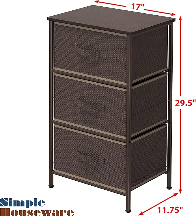 Simple Houseware 3 Drawer Nightstand Dresser with Wood Top, Brown