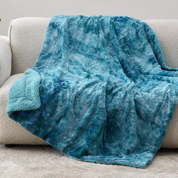 Bedsure GentleSoft Sherpa Fluffy Throw Blanket - Fleece Warm and Cozy Throw for Women Gift, Plush & Fuzzy Faux Fur Christmas Blanket for Couch, Sofa, Bed Decor, Tie Dye Design, Teal, 50x60 Inches