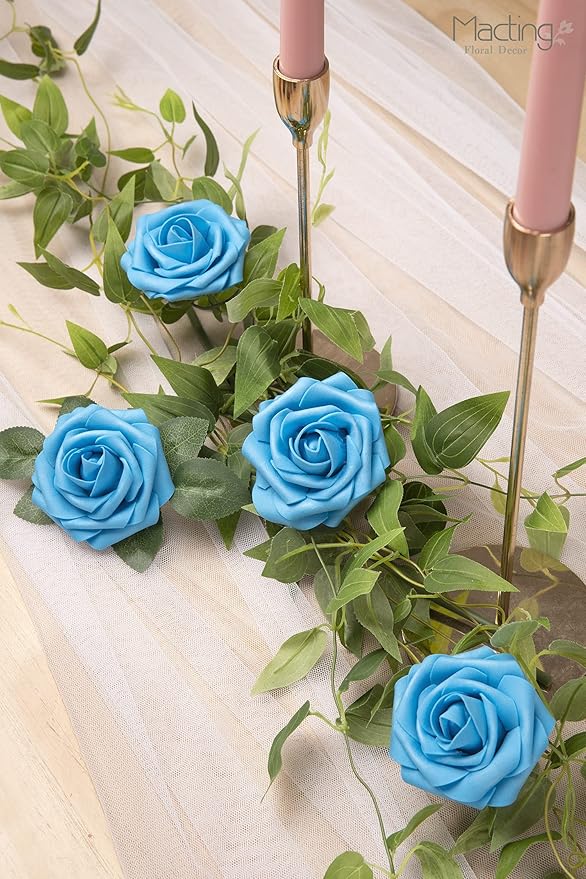 MACTING Artificial Flower Roses 30PCS Real Touch Fake Foam Roses with Stem Fake Flowers for DIY Wedding Bridal Bouquets Party Baby Shower Home Indoor Outdoor Spring Mothers Day Decor(Dark Teal Blue)