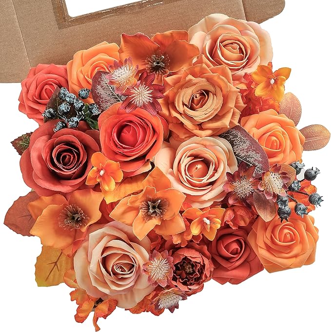 Orange Artificial Flowers Combo Box Set Fall Silk Flowers Fake Rose for DIY Floral Arrangements Wedding Bouquets Centerpieces Baby Shower Party Home Decorations