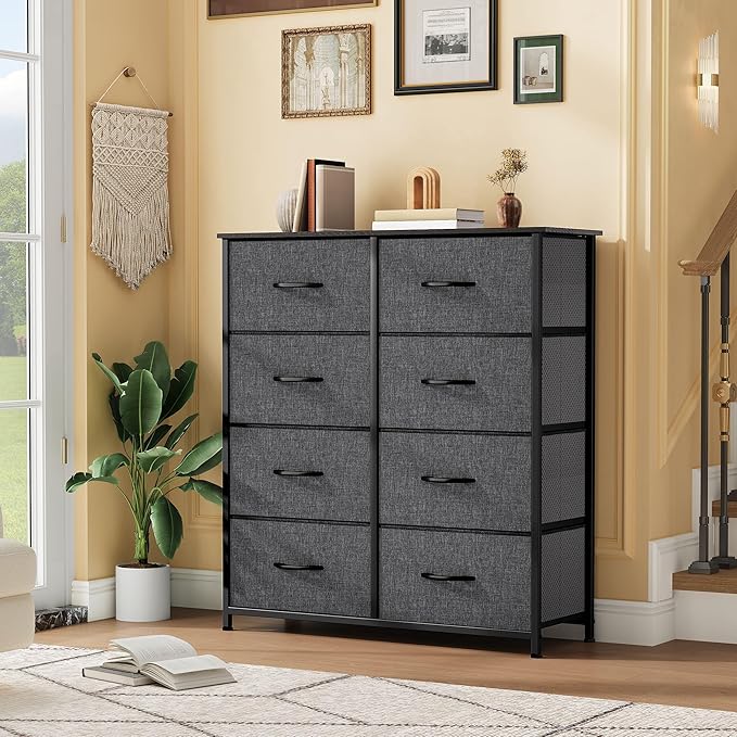 DWVO Fabric Dresser for Room, Tall Storage 8 Drawers, Black Dresser & Chest of Drawers, Storage Drawer Organizer for Closet, Living Room