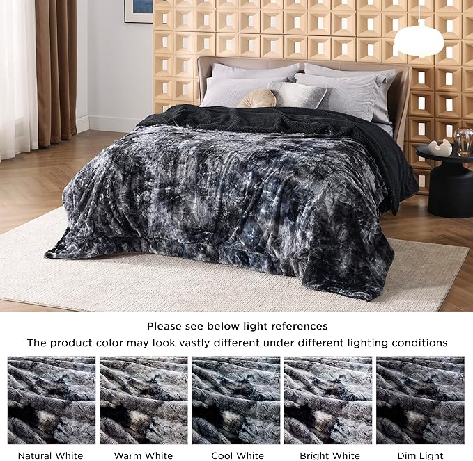 Bedsure GentleSoft Sherpa Fluffy Blanket Queen Size for Bed - Fleece Warm and Cozy for Women Gift, Plush & Fuzzy Faux Fur Christmas Blanket for Couch, Sofa Decor, Tie Dye Design, Black, 90x90 Inches