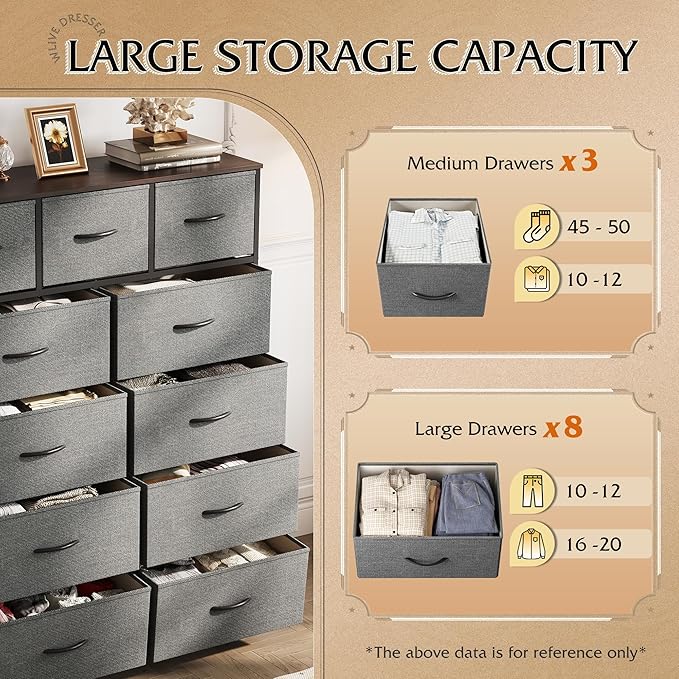 WLIVE Storage Organizer Unit with 11 Fabric Bins, Storage Drawers Organizer with Steel Frame, Tall Storage Tower Organizaton for Living Room, Hallway, Office, Light Grey