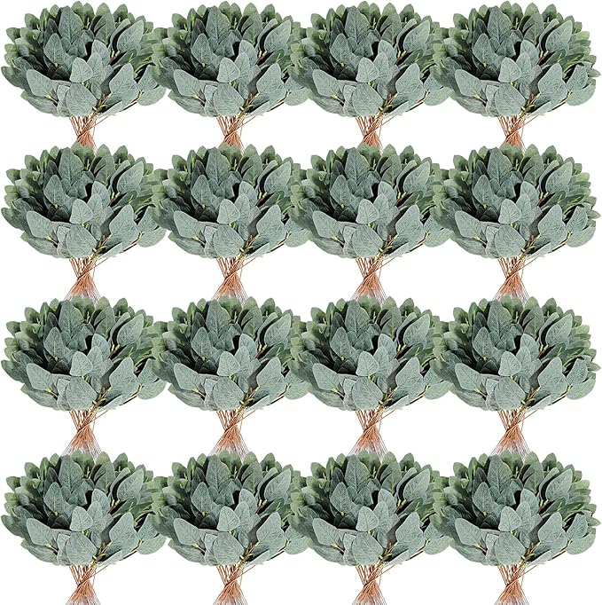 Tigeen 100 Pcs Artificial Eucalyptus Stems Leaves Bulk, 14'' Tall Silver Dollar Eucalyptus Stems Greenery Stems Fake Eucalyptus Plant Branches for Wedding Vase Bouquet Flower DIY Wreath Home Decor