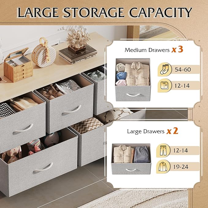 WLIVE Dresser for Bedroom with 5 Drawers, Wide Chest of Drawers, Fabric Dresser, Storage Organization Unit with Fabric Bins for Closet, Living Room, Hallway, Light Grey