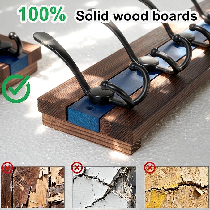 SKOLOO Rustic Wall Mounted Coat Rack - 17" Long Coat Hooks for Wall with 5 Triple Hooks for Hanging Coats, Hats or Tools, Western National Parks Collection, Wood Brown & Blue, Pack of 2