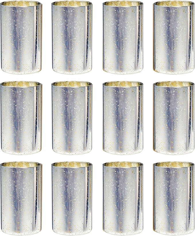 Silver Cylinder Vases for Centerpieces, Modern Glass Vase Set of 12 Decorative Hurricane Candle Holder for Pillar Candle Holders Flowers for Table Centerpiece, Sliver