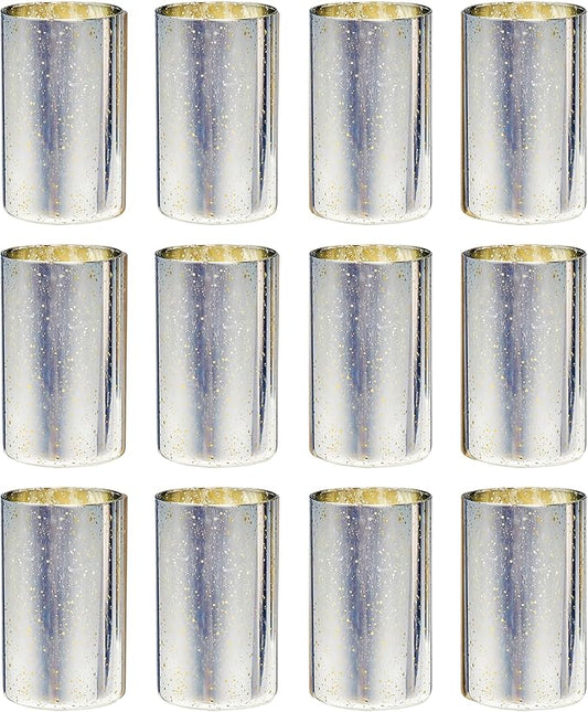 Silver Cylinder Vases for Centerpieces, Modern Glass Vase Set of 12 Decorative Hurricane Candle Holder for Pillar Candle Holders Flowers for Table Centerpiece, Sliver