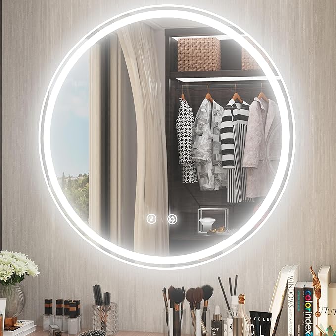 28 Inch Round LED Bathroom Mirror, Front & Backlit Lighted Bathroom Mirror Wall Mounted, 6000K Daylight, Dimmable, Anti-Fog, CRI 90+