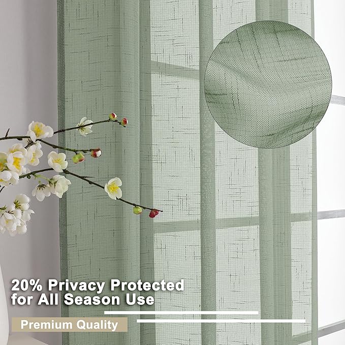 Aiyufeng Kirei Long Sage Green Sheer Curtains 96 Inch - Linen Look Privacy Sheer Curtains Window Treatment Drapes Farmhouse Decor for Bedroom Living Room Sliding Glass Door, 40Wx96L, 2 Panels