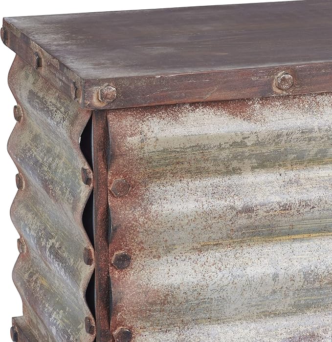 Household Essentials Decorative Trunk, Rustic, Small, Wood Frame and Metal Siding, Spacious and Handmade, Fully Opening Lid, Black Interior, Driftwood and Silver