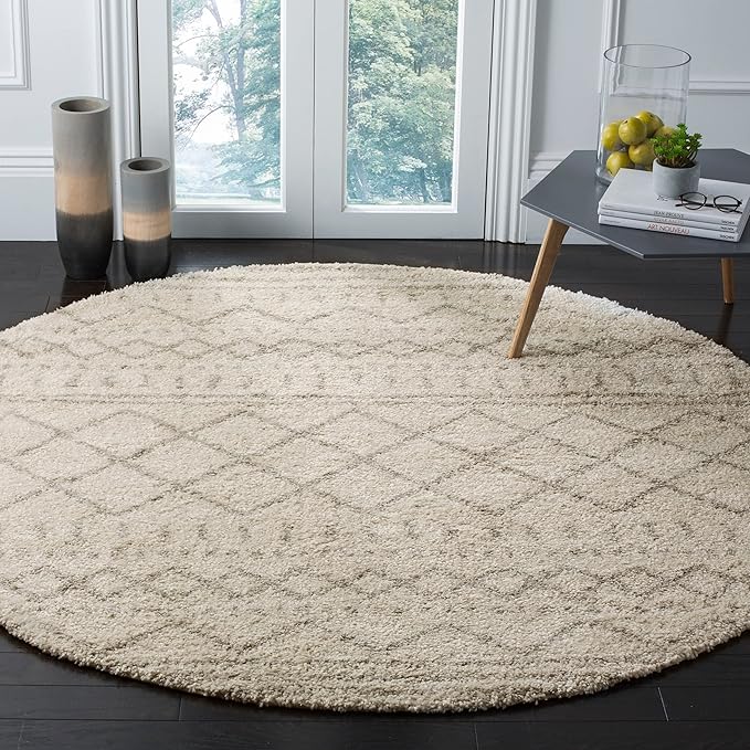 SAFAVIEH Arizona Shag Collection 5'1" Round Ivory/Beige ASG741A Moroccan Non-Shedding Living Room Bedroom Dining Room Entryway Plush 1.6-inch Thick Area Rug