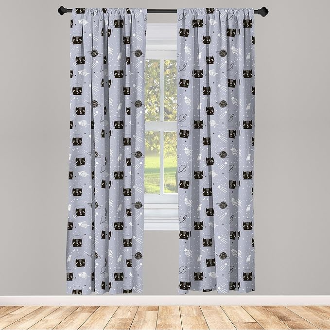 Ambesonne Outer Space Window Curtains, Astronaut Cats Exploring The Universe on Dotted Background, Lightweight Decor 2-Panel Set with Rod Pocket, Pair of - 28" x 84", Purple Grey