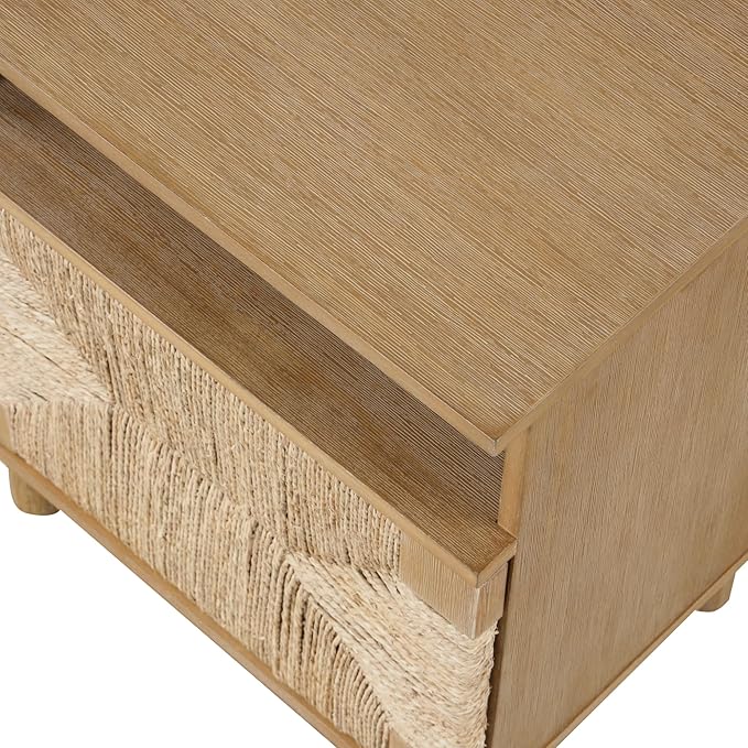Nathan James Beacon Wood Nightstand, Bohemian Accent Table or Sofa Side Table with Seagrass Door for Bedroom or Living Room, Light Brown