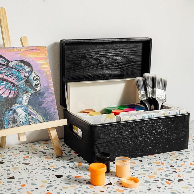Large Black Wooden Box Storage with Hinged Lid | 11.8 x 7.87 x 5.51 inches (+-0.5) | with Handles | Gift Box for Tool Dog Shoes Clothes Kitchen Storage | Wood Keepsake Chest