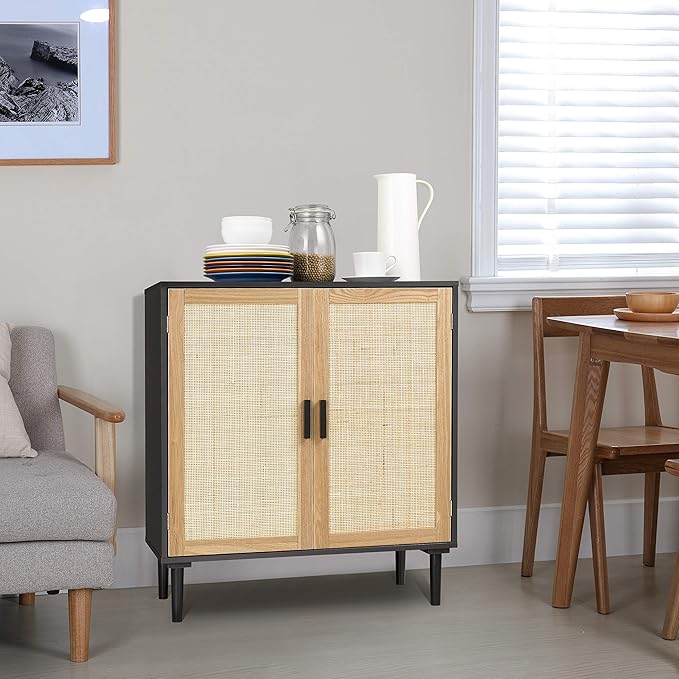 Finnhomy Sideboard Buffet Cabinet, Kitchen Storage Sideboard with Rattan Decorated Doors, Liquor Buffet for Bar, Dining Room, Hallway, Cupboard Console Table, Accent Cabinet, 31.5X 15.8X 34.6 Inches