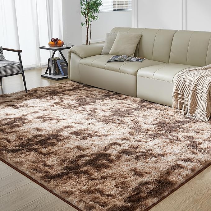 Ultra Soft Rug for Living Room, 4X6 Fluffy Shag Area Rug for Bedroom, Modern Shaggy Carpets Fuzzy Rug for Teens Dorm Nursery Home Decor Aesthetic, Upgrade Anti-Skid Durable, Tie-Dyed Coffee