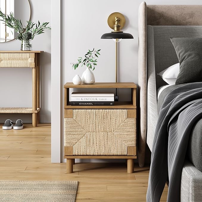 Nathan James Beacon Wood Nightstand, Bohemian Accent Table or Sofa Side Table with Seagrass Door for Bedroom or Living Room, Light Brown