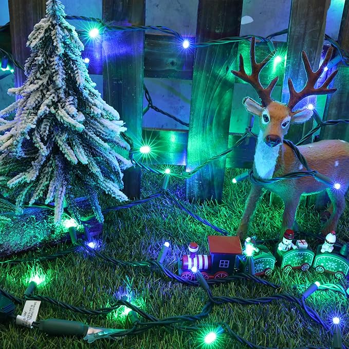 Brizled Blue & Green LED Christmas Lights, 33ft 100 5MM Wide Angle Connectable Mini Tree Lights, UL Listed Xmas Indoor/Outdoor Party Decor, Green Wire
