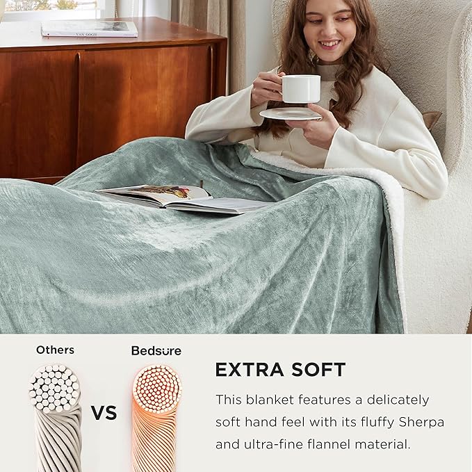 Bedsure GentleSoft Sherpa Fleece Oversized Cal King Blankets for Bed - Thick and Warm Throw for Women and Men, Soft Fuzzy Plush Large Blanket for Winter, Sage Green, 112x98 Inches