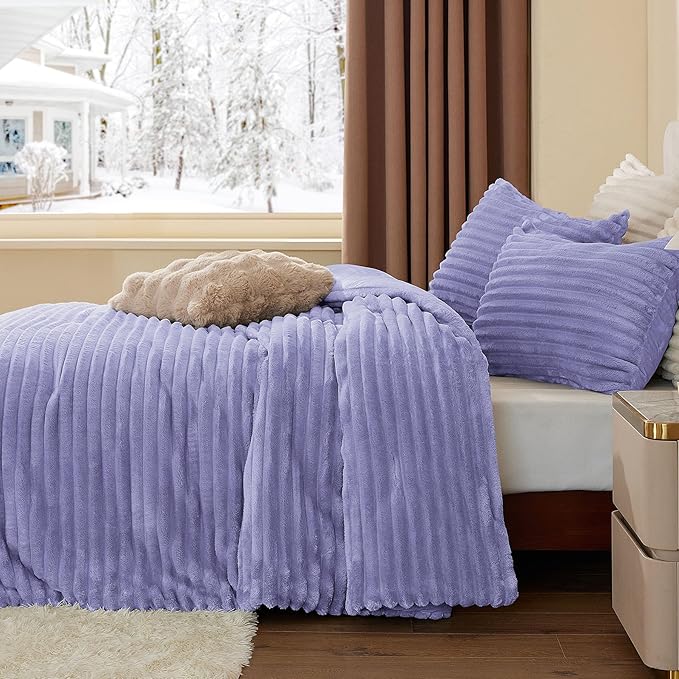 BEDELITE Fleece Queen Comforter Set -Super Soft & Warm Fluffy Lavender Bedding, Luxury Fuzzy Heavy Bed Set for Winter with 2 Pillow Cases