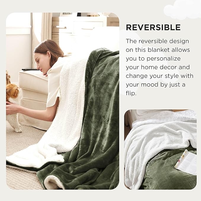 Bedsure GentleSoft Sherpa Fleece Oversized Cal King Blankets for Bed - Thick and Warm Throw for Women and Men, Soft Fuzzy Plush Large Blanket for Winter, Olive Green, 112x98 Inches