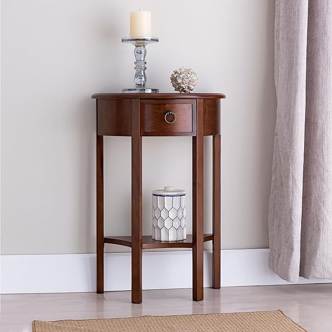 Seneca Solid Wood Demilune Console Table with Shelf and Drawer, Pecan, Perfect for Entryways, Hallways, and Stair Landings – Leick Home, 9030