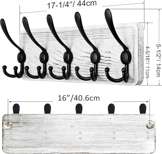 SKOLOO Rustic Wall Mounted Coat Rack: 16" Hole to Hole, Pine Real Wood Plank Wall Coat Rack with 5 Triple Hooks, Farmhouse Coat Hanger Wall Mount for Hanging Backpack Jacket Coat Hat