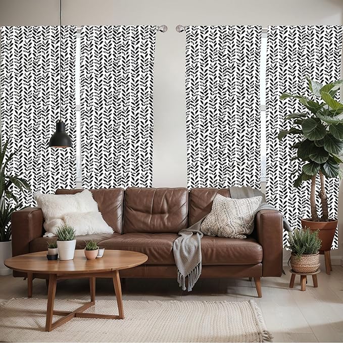 Ambesonne Black and White Window Curtains Pack of 2, Modern Grunge Botany Motif Monochrome Brush Paint Style Strokes, Lightweight Set with Rod Pocket, 4 Panels of - 28" x 84", White and Black