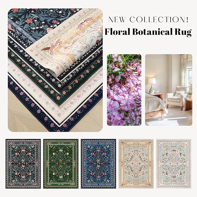 Door Mat Indoor Entrance 2x3 Rug Machine Washable Vintage Floral Botanical Small Area Rug Non-Slip Low Pile Throw Rugs for Entryway, Kitchen, Front Door Entrance, Entry, Kids Room, Green