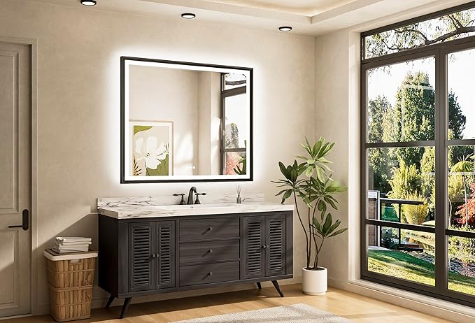 TETOTE 48x40 LED Bathroom Mirror with Lights Black Metal Frame Front & Back Light Vanity Mirror Baroque Antifog Stepless Dimmable White/Warm/Natural,CRI90+,Waterproof,Wall Mounted(Horizontal/Vertical)