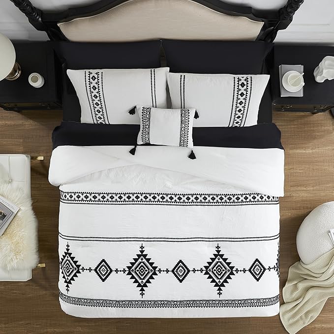 MaiRêve Embroidery Boho Comforter Sets Full Size - 7 Piece, Farmhouse Western White Black Comforter Set, All Season Bed in A Bag Full Size with Sheets, Pillowcases & Shams