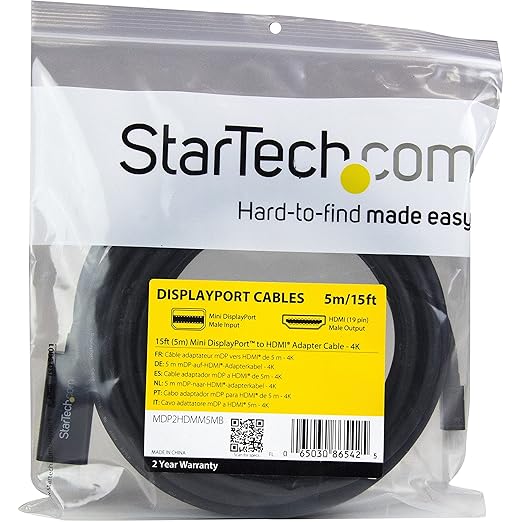 StarTech.com Mini DisplayPort to HDMI Adapter Cable - mDP to HDMI Adapter with Built-in Cable - Black - 5 m (15 ft.) - Ultra HD 4K 30Hz