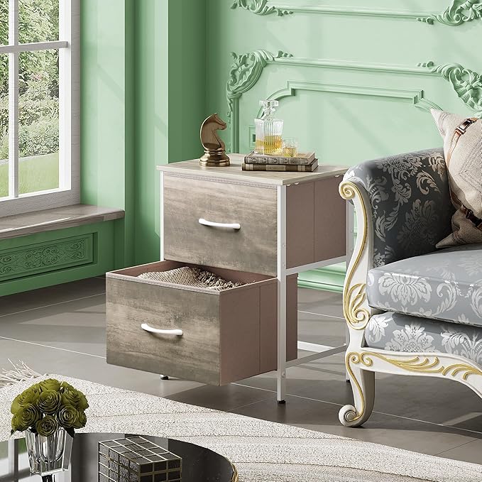 WLIVE Nightstand, 2 Drawer Dresser for Bedroom, Small Dresser with 2 Drawers, Bedside Furniture, Night Stand, End Table with Fabric Bins for Bedroom, Closet, College Dorm, Greige Oak