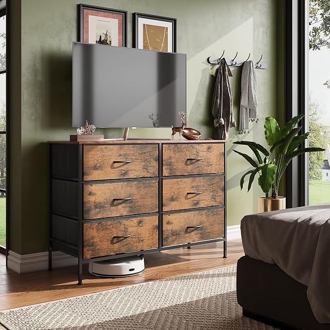 WLIVE Dresser for Bedroom with 6 Drawers, Wide Fabric Dresser TV Stand for 50 Inches TV, with Metal Frame, Wooden Top, Fabric Storage Dressers for Bedroom, Hallway, Entryway, Rustic Brown