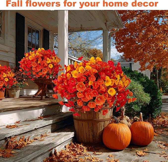 Artificial Fall Flowers Outdoor Fake Mums - 16 Bundles Fake Plants UV Resistant No Fade Faux Plastic Greenery Garden Morning Glory Home Decor (1, MixedFall 4 Colors)