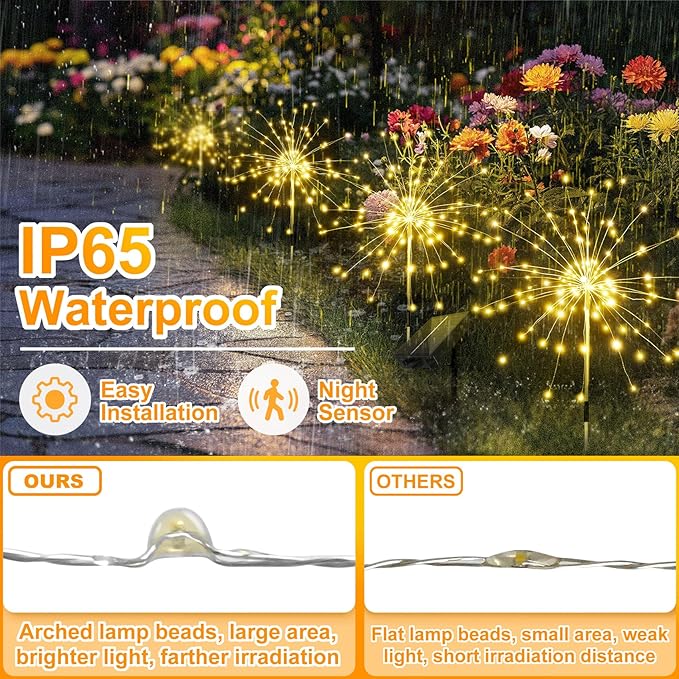 Anordsem Solar Fireworks Lights Outdoor: 4 Bendable Copper Wire 120 LEDs String Lighting - Waterproof DIY Warm Decoration for Yard Garden Proch - Gardening Gifts for Garden Lovers