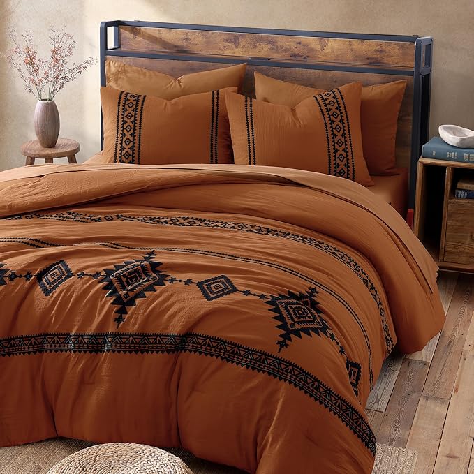 MaiRêve Oversized Queen Comforter Set Burnt Orange, Embroidery Western Bedding Set Boho 7 Pieces, Farmhouse All Season Bed in A Bag with Sheets, Pillowcases & Shams