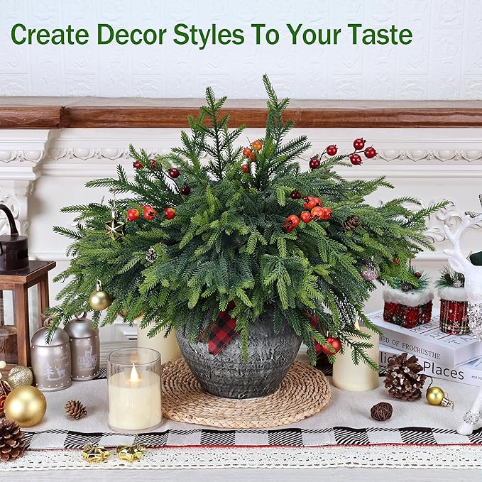 12 Pcs Realistic Christmas Pine Branches Artificial Lifelike Green Pine Stem - Real Touch for Vase DIY Crafts Flower Arrangement Home Indoor Christmas Decor(18 Inch)