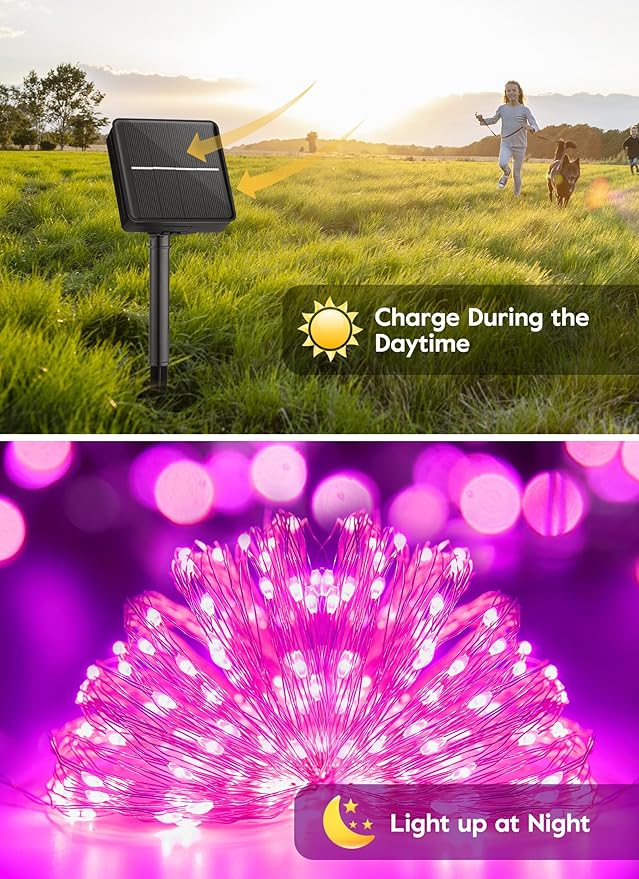 Minetom Solar String Lights for Outside, 33Ft 100 LED Outdoor Solar Fairy Lights, 8 Modes Balcony Lights for Tree Patio Christmas Party Wedding Decor (Pink)