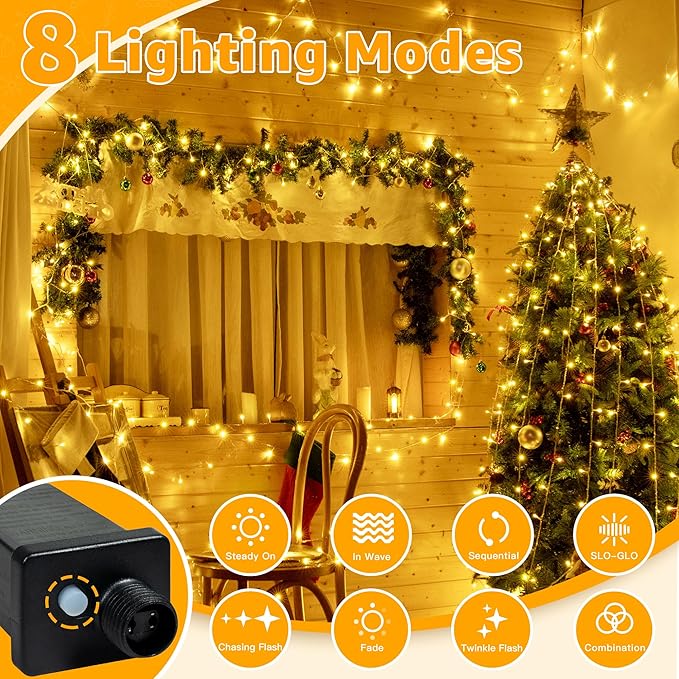 Ollny 120LED 40FT String Lights, Waterproof Connectable Christmas Lights with Timer 8 Modes, Warm White Plug in Fairy Light for Indoor Outdoor Bedroom Xmas Tree Holiday Party Decorations