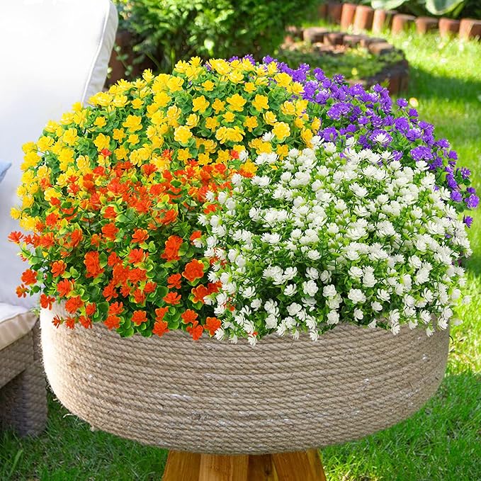 GREENRAIN Artificial Flowers Outdoor Fake Flowers for Decoration UV Resistant No Fade Faux Plastic Plants Garden Porch Window Box Décor (18 Bundles, 2#Yellow)