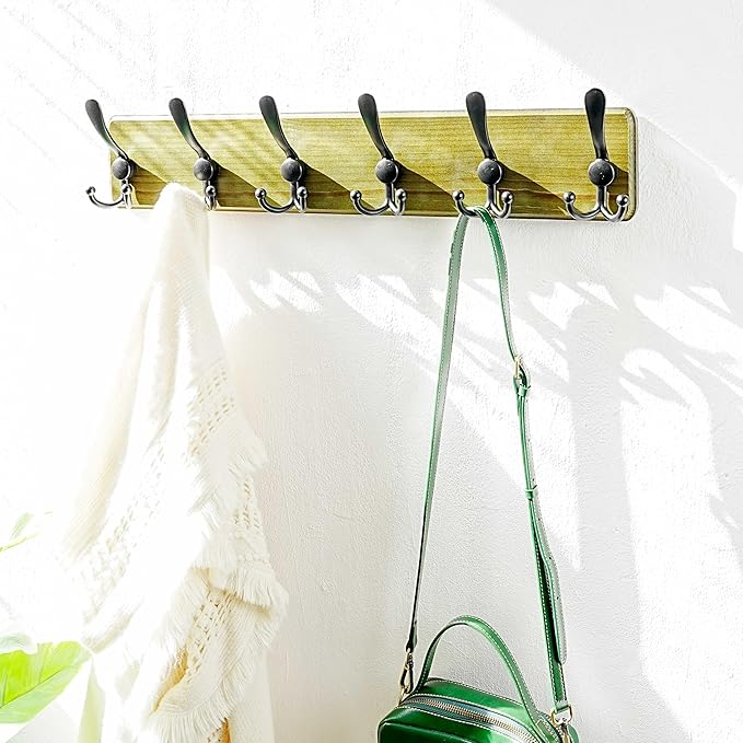 Dseap Coat Rack Wall Mounted - 24" Long 6 Tri Hooks, Heavy Duty Wooden Wall Coat Hanger Coat Hook for Clothes Hat Jacket Clothing, Weathered Green and Black, Pack of 2