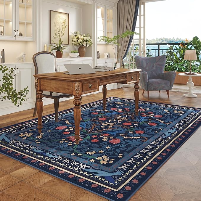 Area Rugs 8x10 for Living Room Clearance Washable Vintage Floral Botanical Rug Non Slip Low Pile Large Rug for Bedroom, Farmhouse, Dining Room, Kids Playroom, Blue