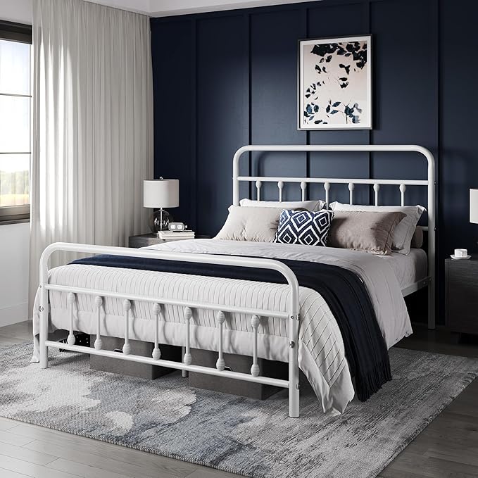 Yaheetech Classic Metal Platform Bed Frame Mattress Foundation with Victorian Style Iron-Art Headboard/Footboard/Under Bed Storage/No Box Spring Needed/Queen Size White