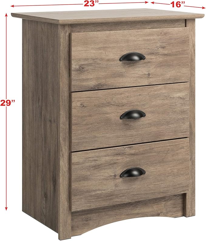 Prepac Salt Spring Rustic Tall Nightstand Side Table with 3 Drawers, Farmhouse Tall 3-Drawer Bedside Table 16" D x 23" W x 29" H, Drifted Gray, DDC-2403