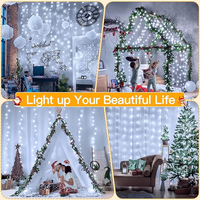 Ollny 300 LED 9.8ftx9.8ft Outdoor Waterproof Christmas Curtain Lights with Remote Timer 8 Modes, USB Powered, Cool White