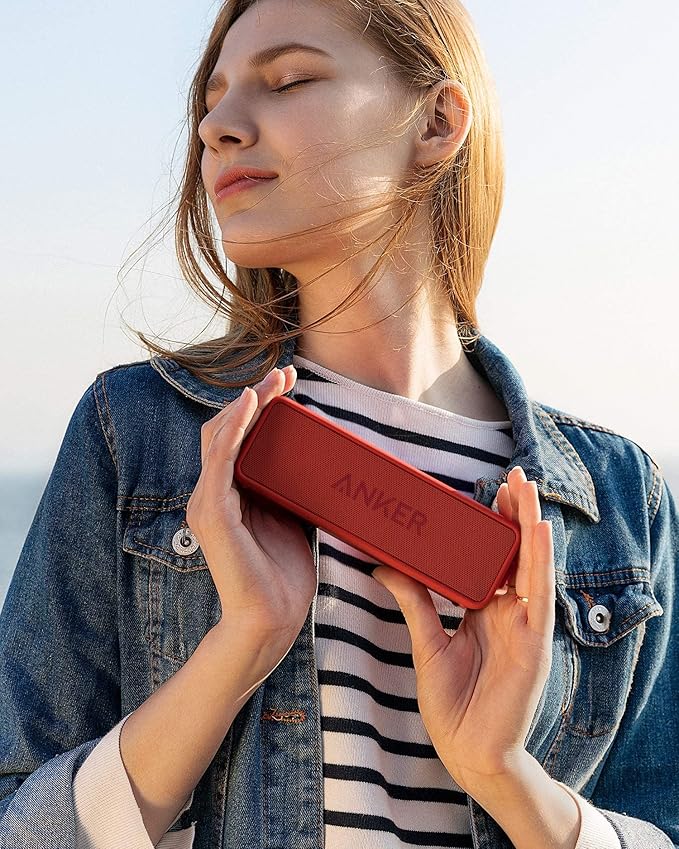 Anker SoundCore 2 Portable Bluetooth Speaker, Wireless, Enhanced Bass, 24-Hour Playtime, 66ft Range, IPX7 Water Resistant, Built-in Mic, Ideal for Travel, Compact and Easy to Use - Red