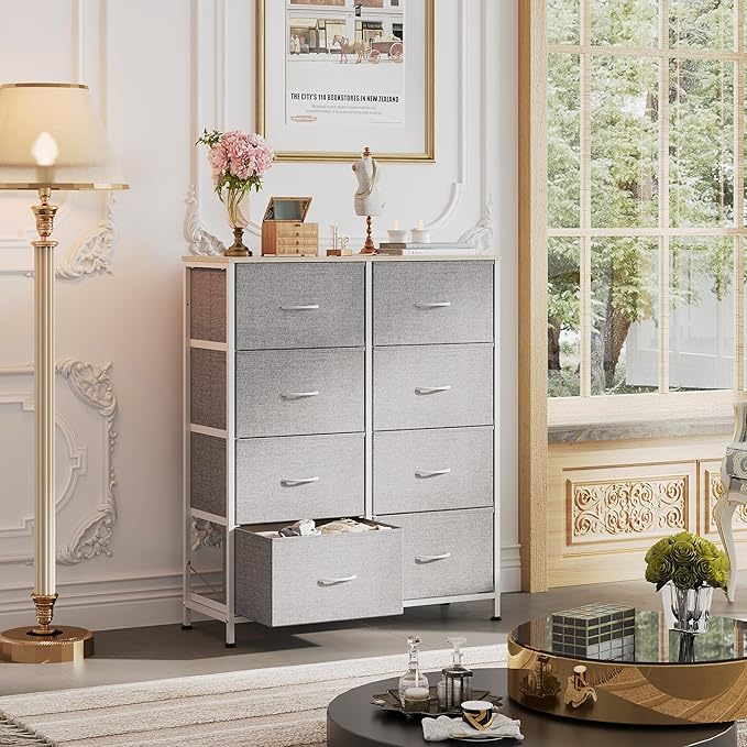 WLIVE Fabric Dresser for Bedroom, Tall Dresser with 8 Drawers, Storage Tower with Fabric Bins, Double Dresser, Chest of Drawers for Closet, Playroom, Dormitory, Light Grey